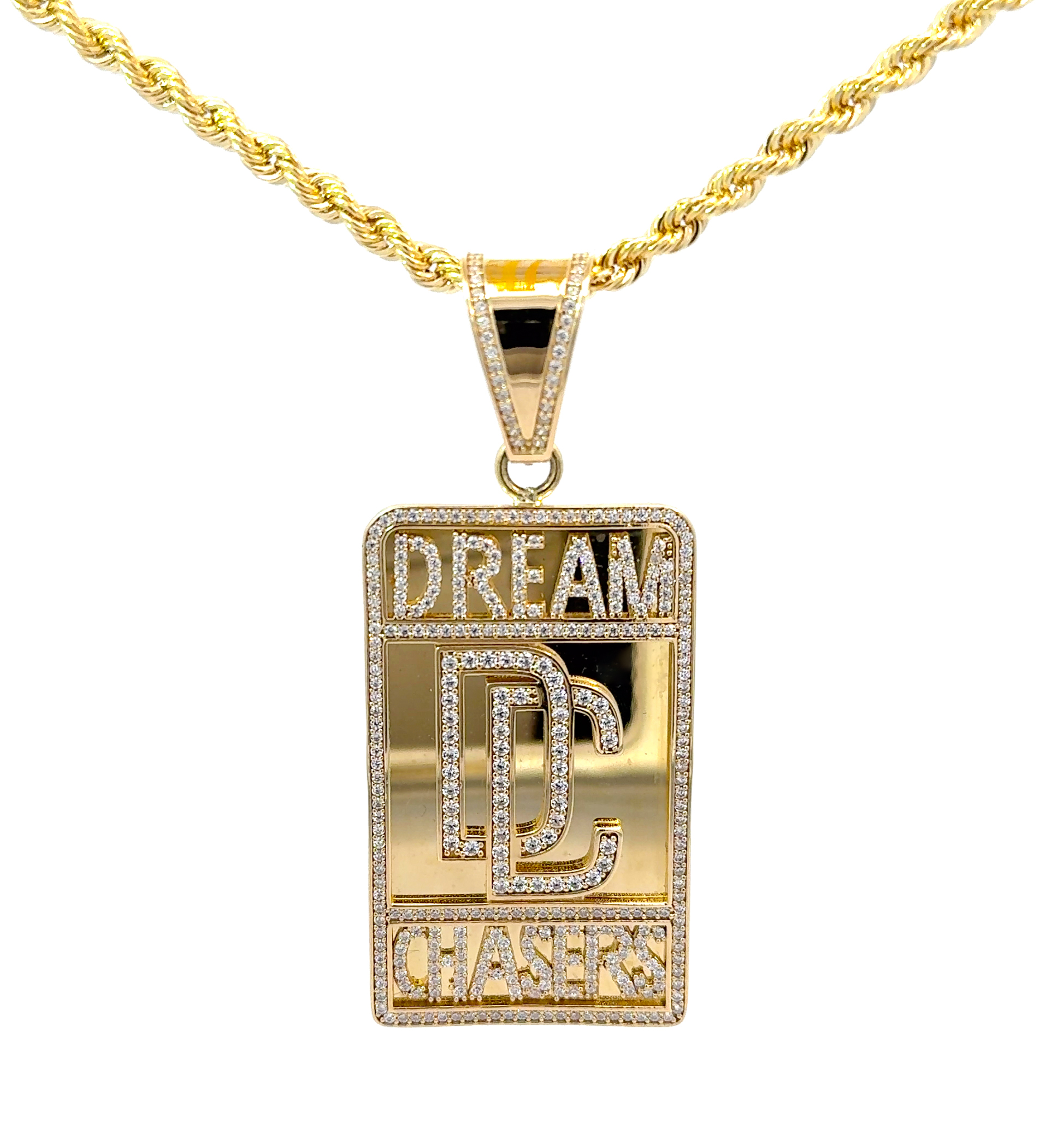 Solid 9K Yellow Gold Gemset Iced Out 'Dream Chasers' Pendant Necklace Chain